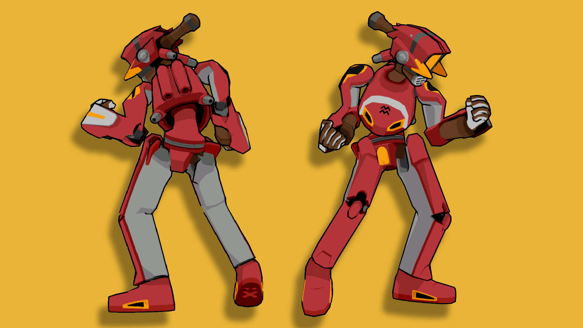 Flcl Canti 桌布 壁紙 — 兩個紅色和灰色的機械人角色在純黃色背景上擺出動態姿勢。