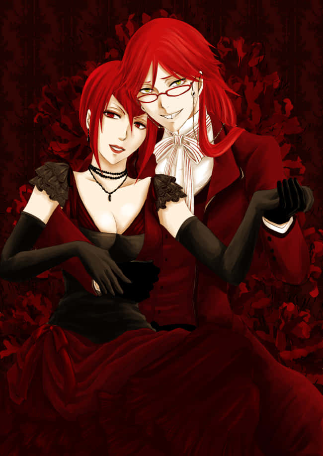 Madam Red 桌布 壁紙 — 兩個紅髮動漫角色穿著優雅的紅色和黑色服裝，在深色花卉背景下擁抱。