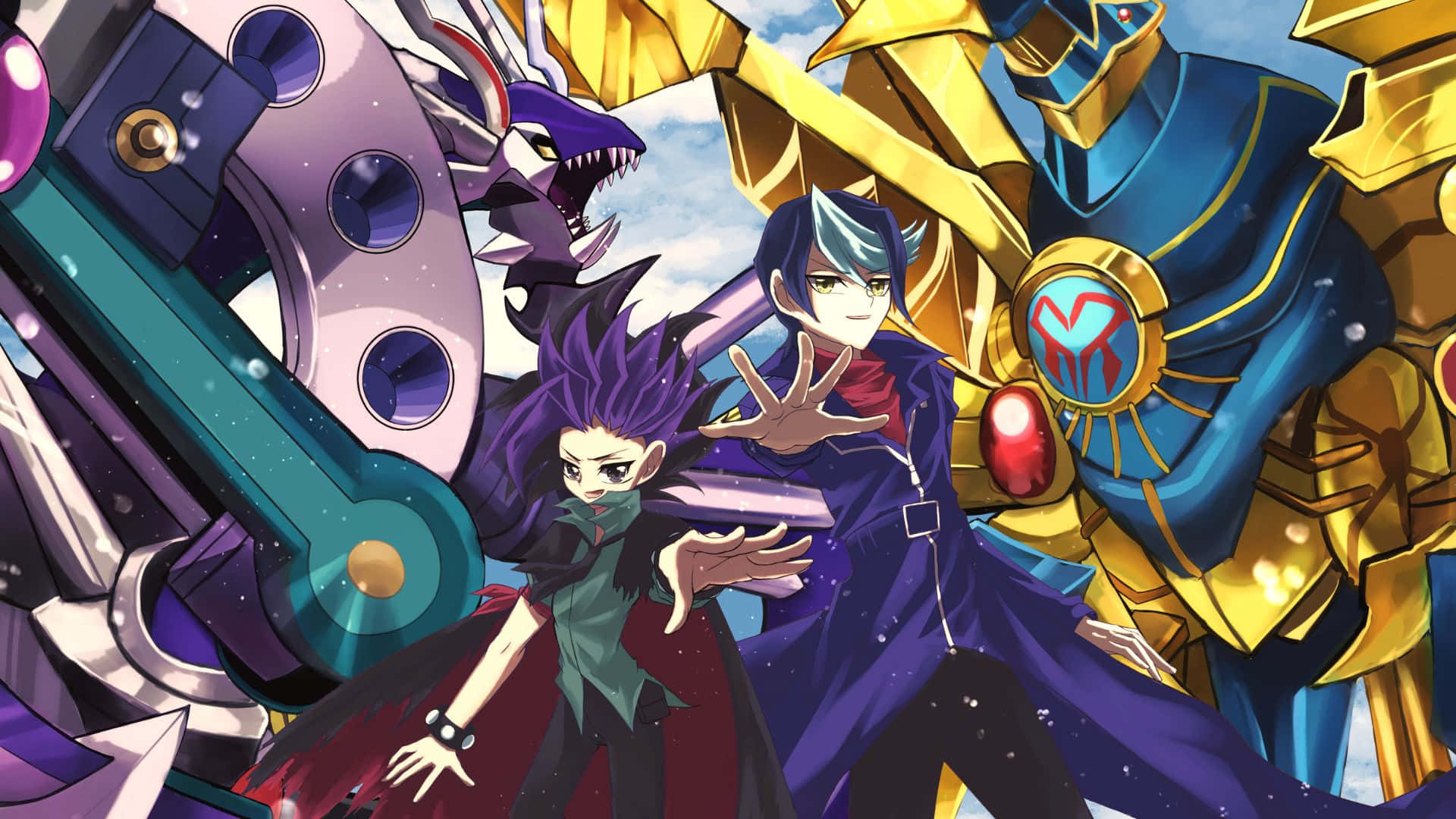 Yu-gi-oh Yuto 桌布 壁紙 — 兩個紫色頭髮的動漫角色站在星空下的巨型機械怪物面前。