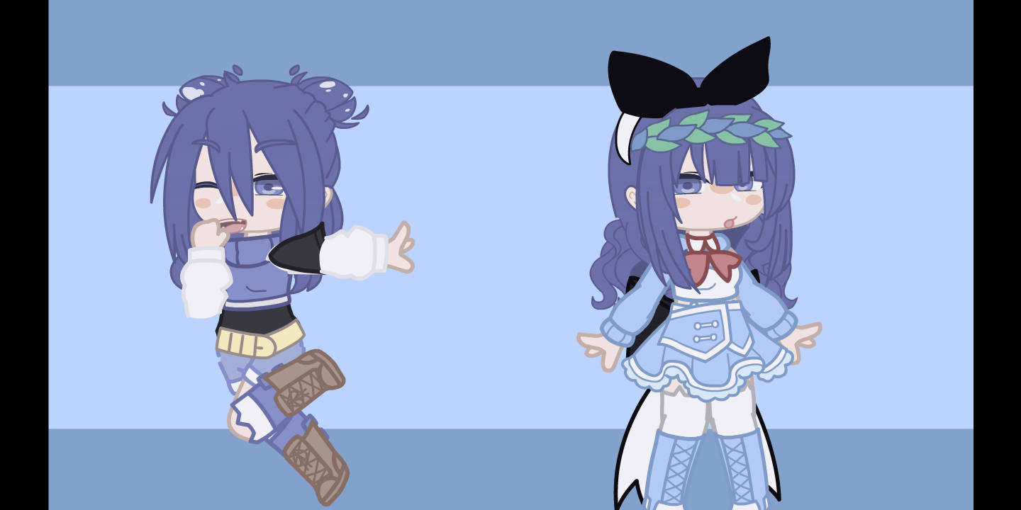 The Krew ItsFunneh 壁紙 — 兩個紫髮的Q版動漫女孩在柔和的藍色漸變背景前俏皮地擺姿勢。