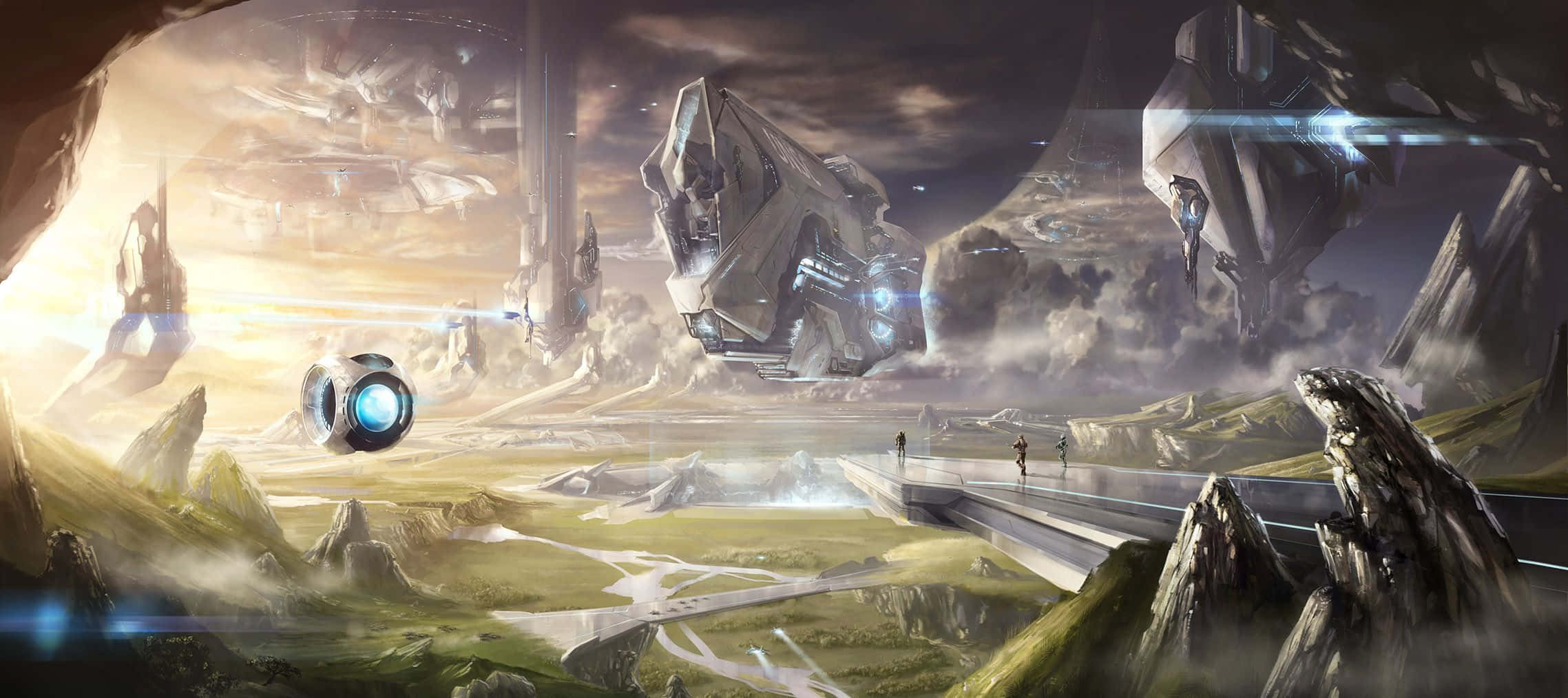 Halo Forerunner 桌布 壁紙 — 兩個細小嘅人影喺霧氣瀰漫嘅外星山谷中，喺巨大浮空太空船底下行過一座未來感嘅橋樑。