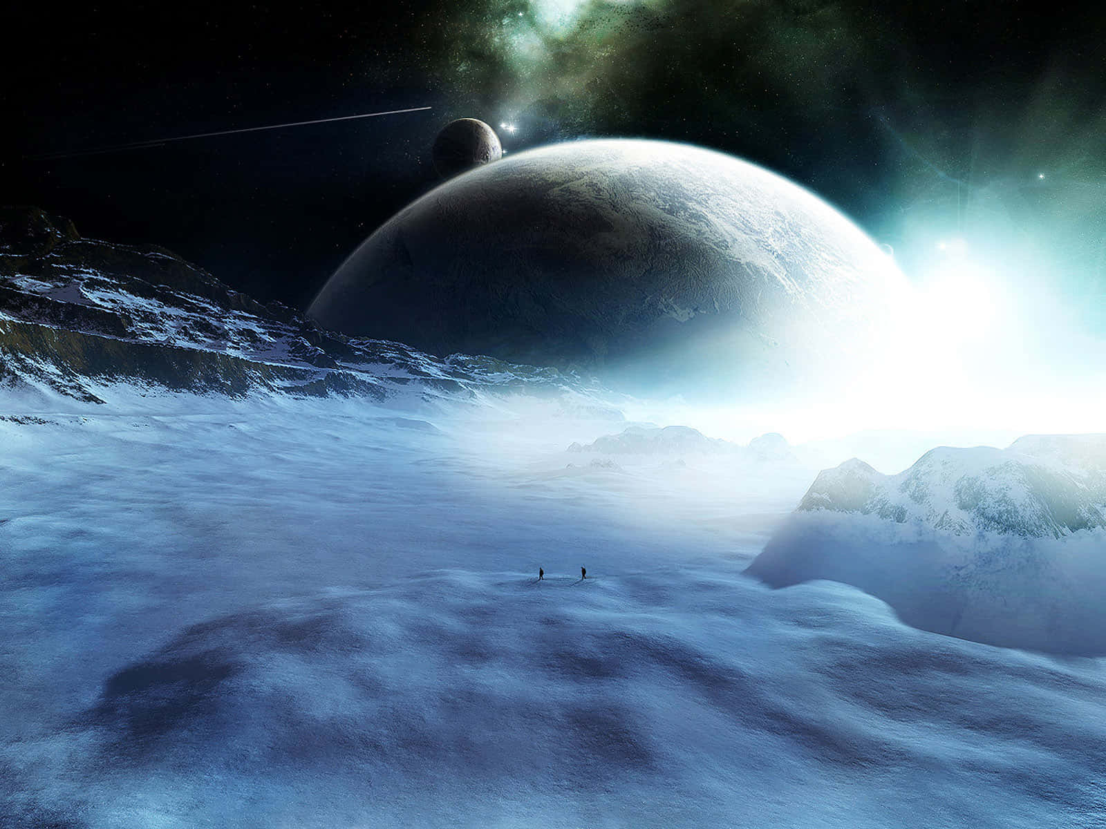 Beautiful Space 桌布 壁紙 — 兩個細小身影站在一個被雪覆蓋的外星行星上，下方是巨大的發光月亮和遙遠的星星。