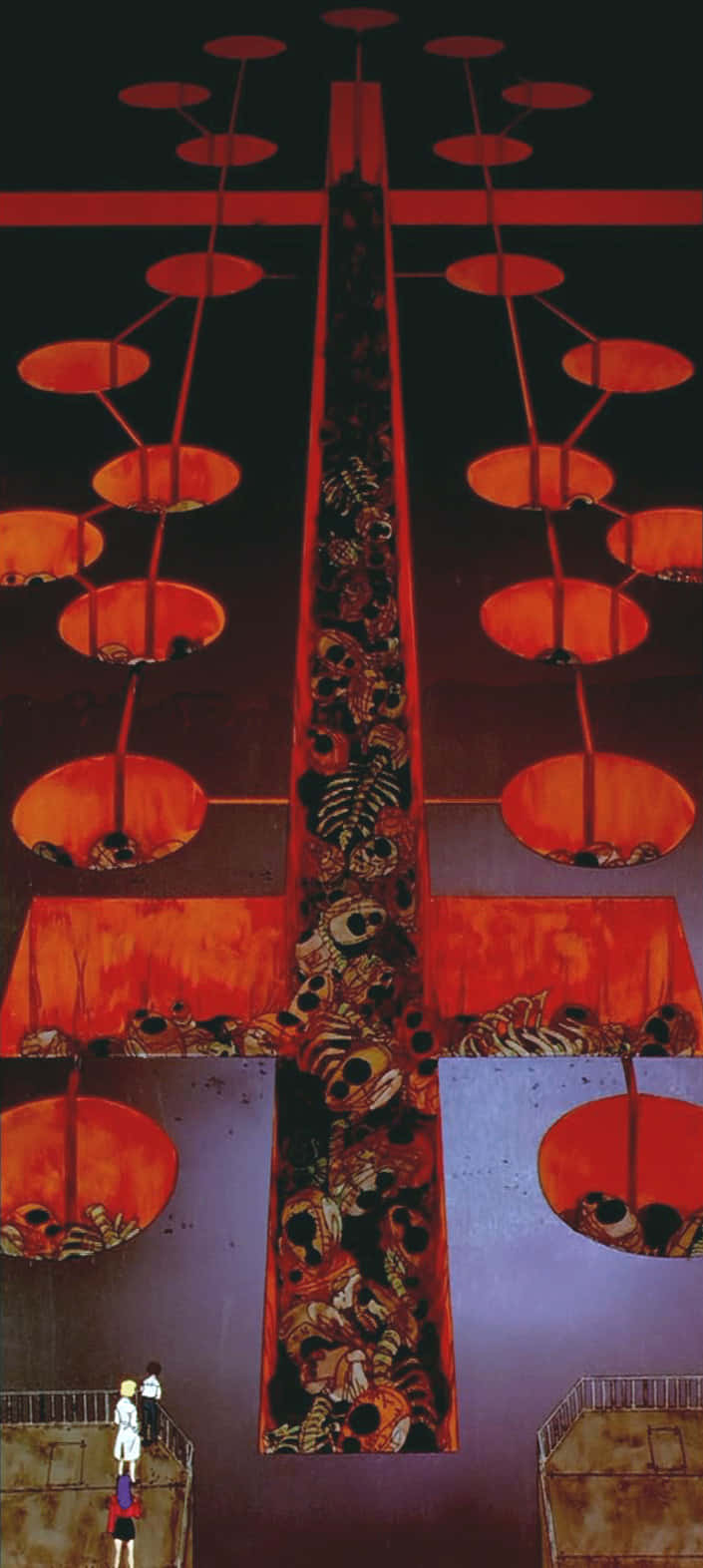Misato Katsuragi 桌布 壁紙 — 兩個細小身影站在一座高聳的紅色建築前，建築上裝飾著骷髏頭和發光球體，背景漆黑。