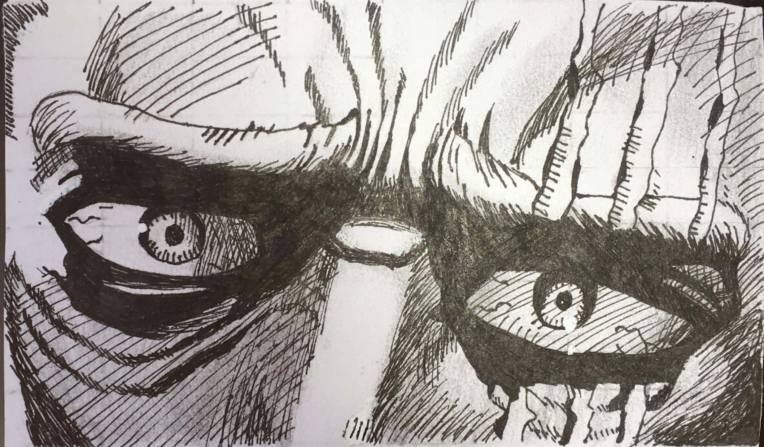 One Punch Man King 桌布 壁紙 — 兩個細節豐富的動漫眼睛的強烈特寫，具有銳利的陰影和富有表現力的眉毛，傳達出強烈的情感。