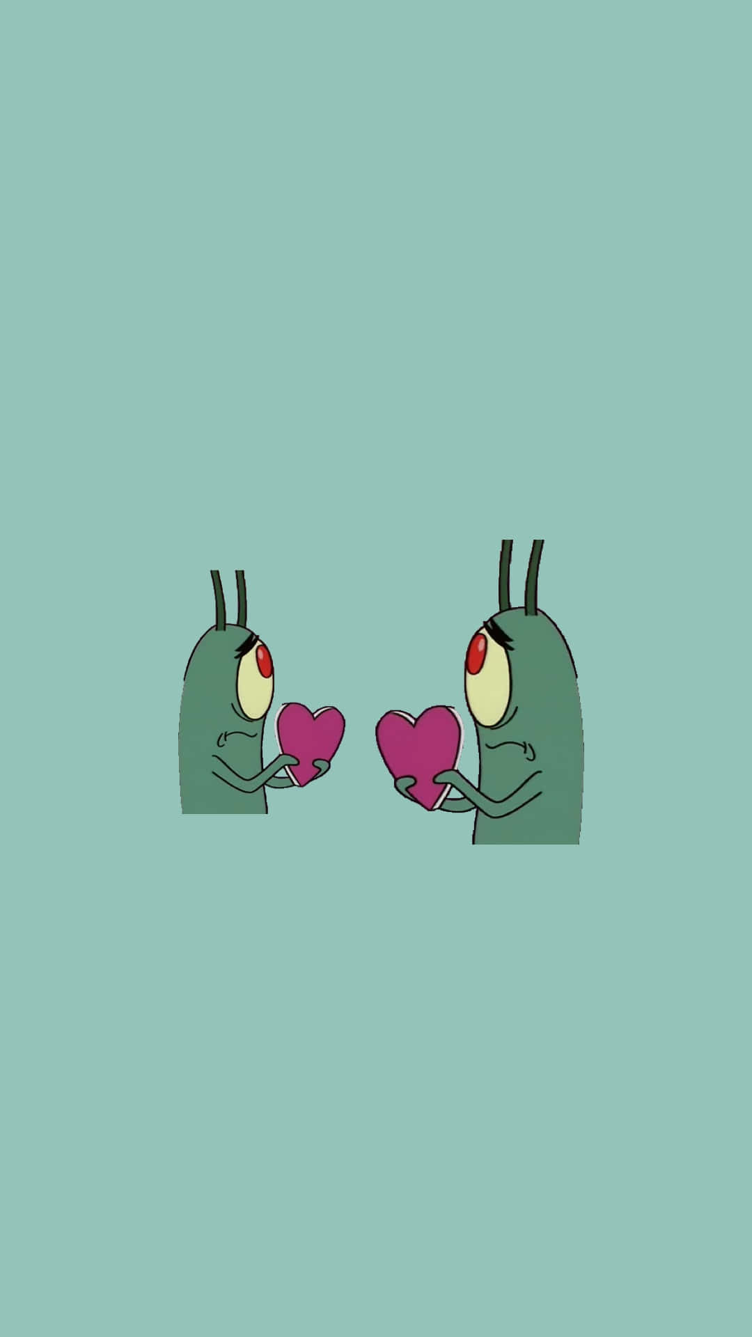 plankton 桌布 壁紙 — 兩個綠色卡通角色，紅眼睛，拿著粉紅色心形，面對面，背景是藍綠色。