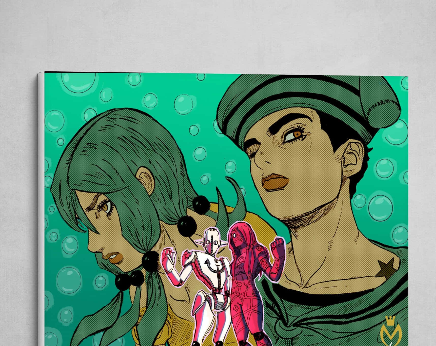 Jojolion 桌布 壁紙 — 兩個綠色頭髮的動漫角色，帶有氣泡背景，採用大膽的漫畫風格和半色調點。
