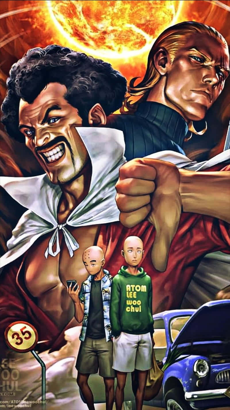 Hercule Satan 桌布 壁紙 — 兩個肌肉男在火熱的天空中戰鬥，下方有兩個男孩和一輛帶有35速度限制標誌的藍色汽車。