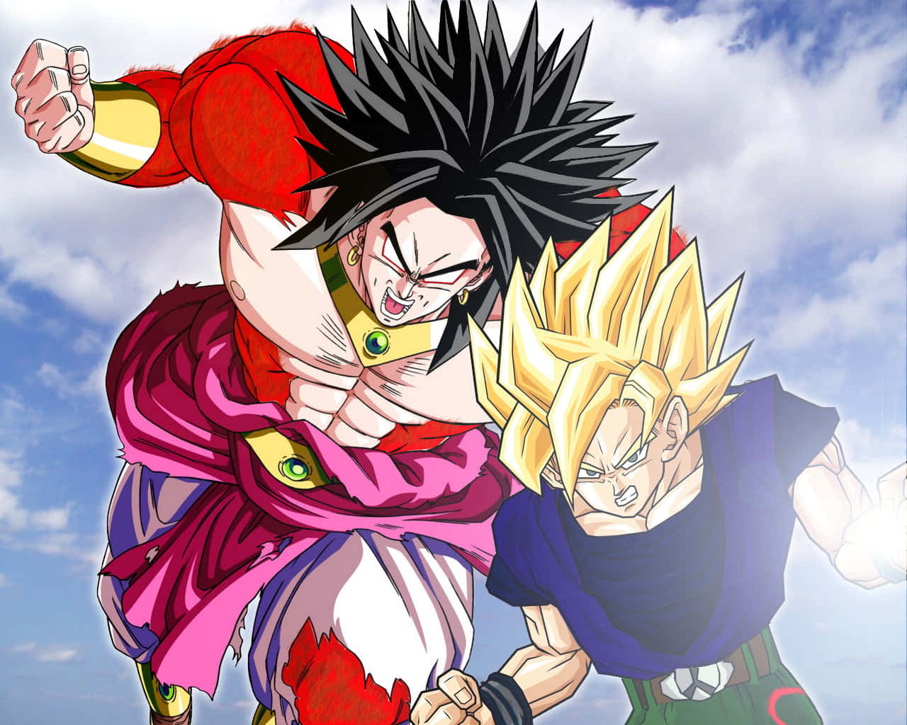Vegeta And Broly 桌布 壁紙 — 兩個肌肉發達、頭髮尖刺的動漫戰士在藍天白雲中半空交鋒。