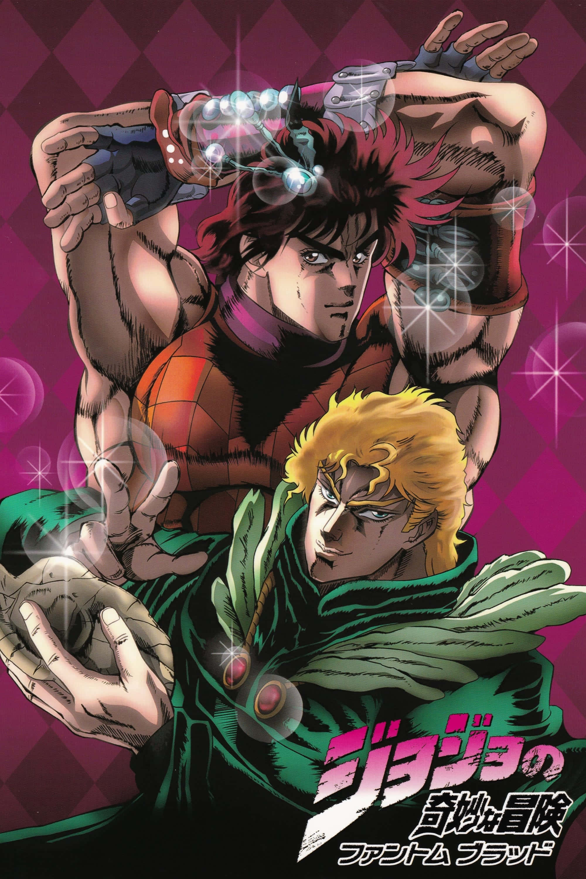 Phantom Blood 桌布 壁紙 — 兩個肌肉發達的動漫角色，帶著發光的球體，在閃爍的洋紅色鑽石背景上動態碰撞。