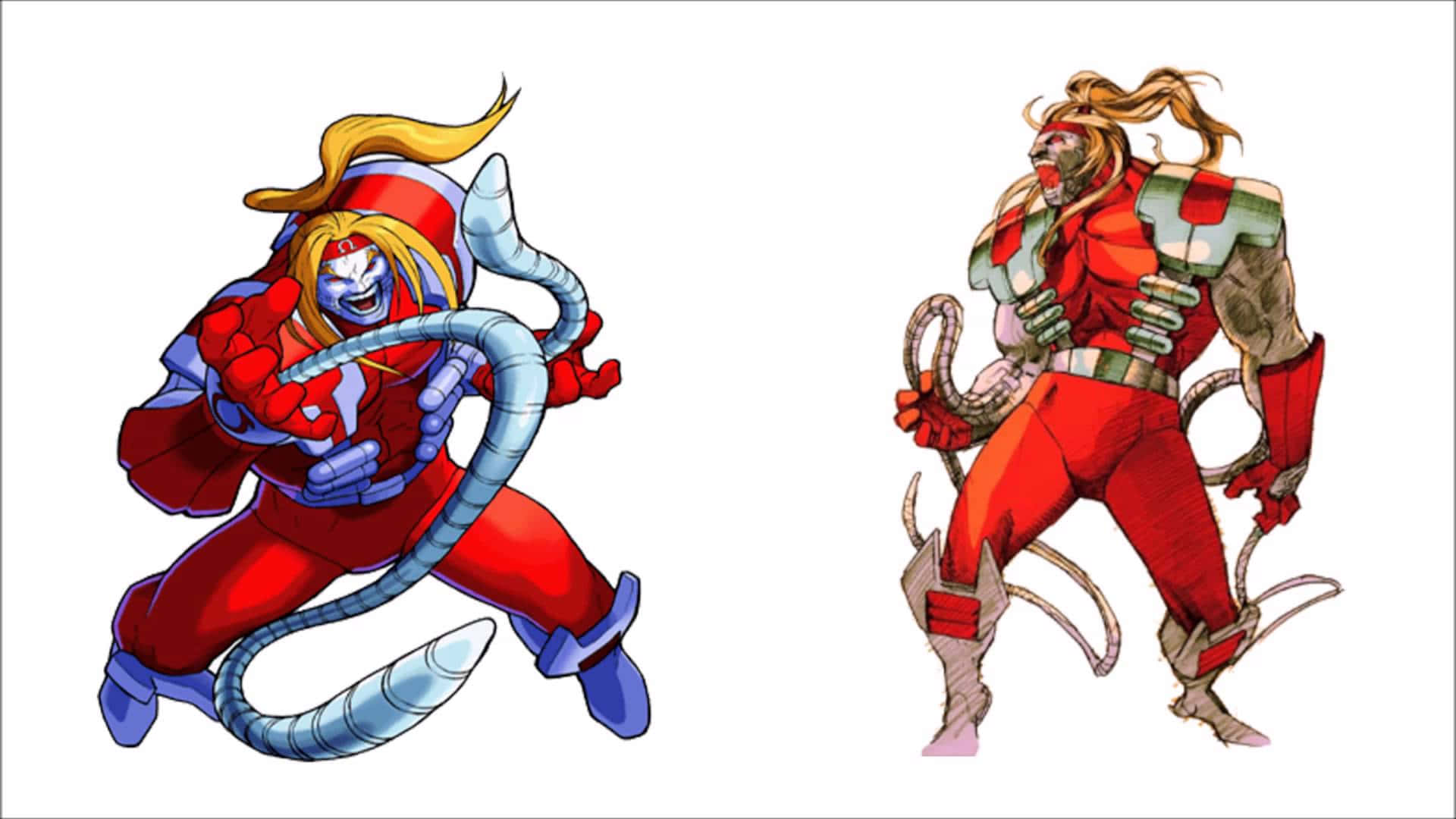 Omega Red 桌布 壁紙 — 兩個肌肉發達的動漫角色，身穿紅色和藍色套裝，帶有觸手，在白色背景上動態擺姿勢。