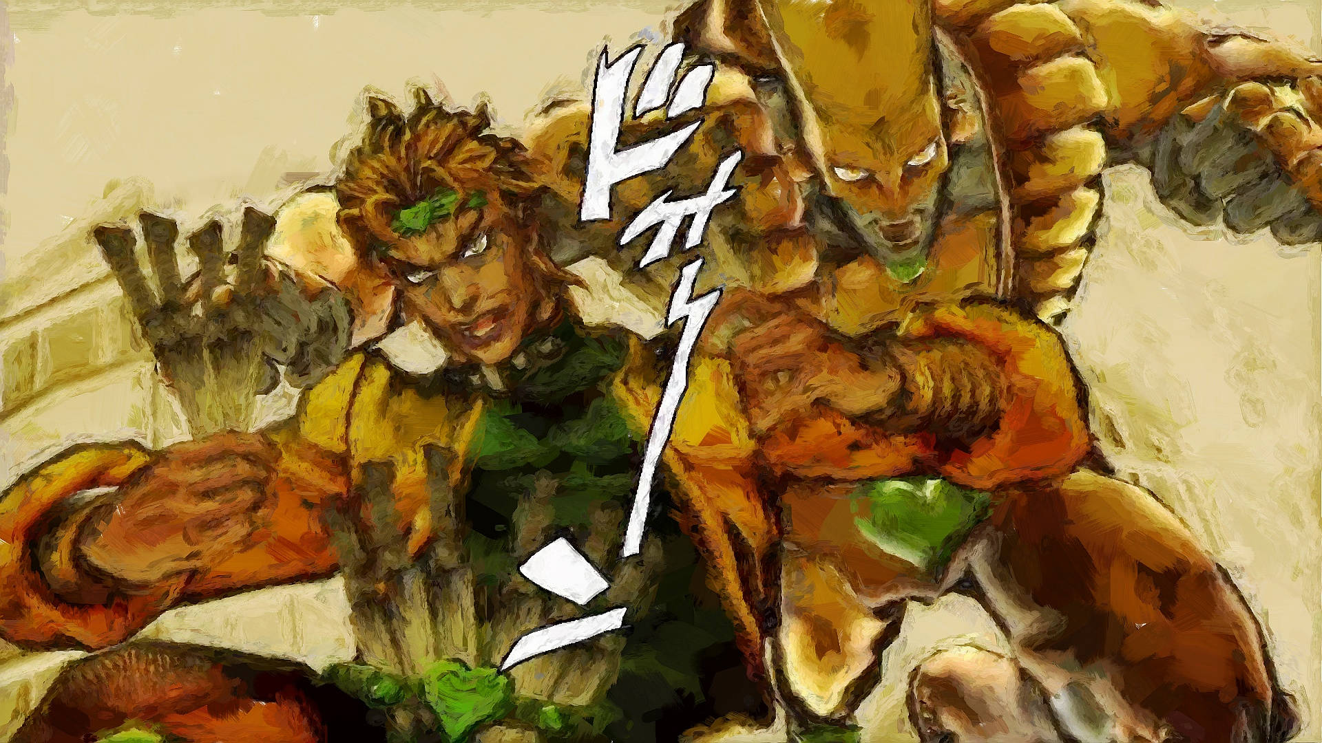 Jojo 4K Dio Brando 壁紙 — 兩個肌肉發達的動漫角色在充滿動感、如畫般的打鬥場景中碰撞，帶有鮮明的橙色和綠色色調。
