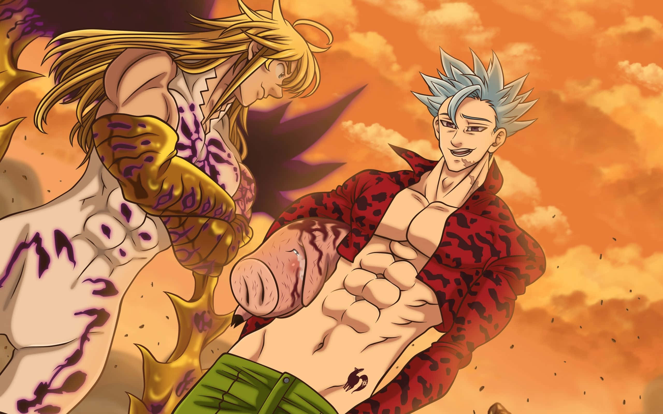 Seven Deadly Sins Ban 桌布 壁紙 — 兩個肌肉發達的動漫角色在火紅的橙色天空中碰撞，帶有戲劇性的表情和發光的能量效果。