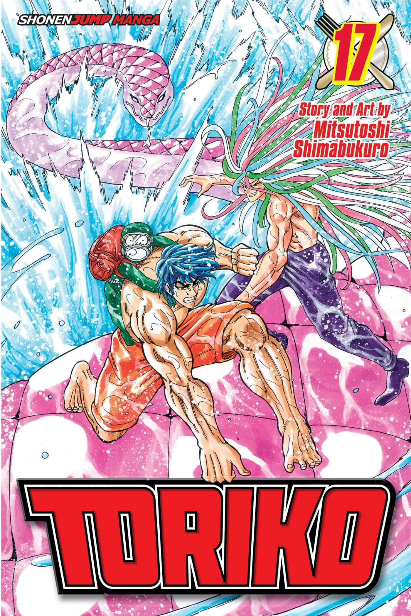 Toriko 桌布 壁紙 — 兩個肌肉發達的動漫角色在粉紅色和藍色的能量場上戰鬥，一條巨大的粉紅色蛇盤旋在上方。