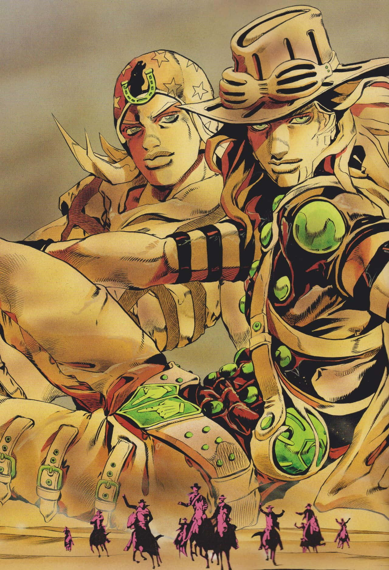Jojo Steel Ball Run 桌布 壁紙 — 兩個肌肉發達的動漫角色穿著牛仔裝備，威風凜凜地站在一群細小的騎手之上。