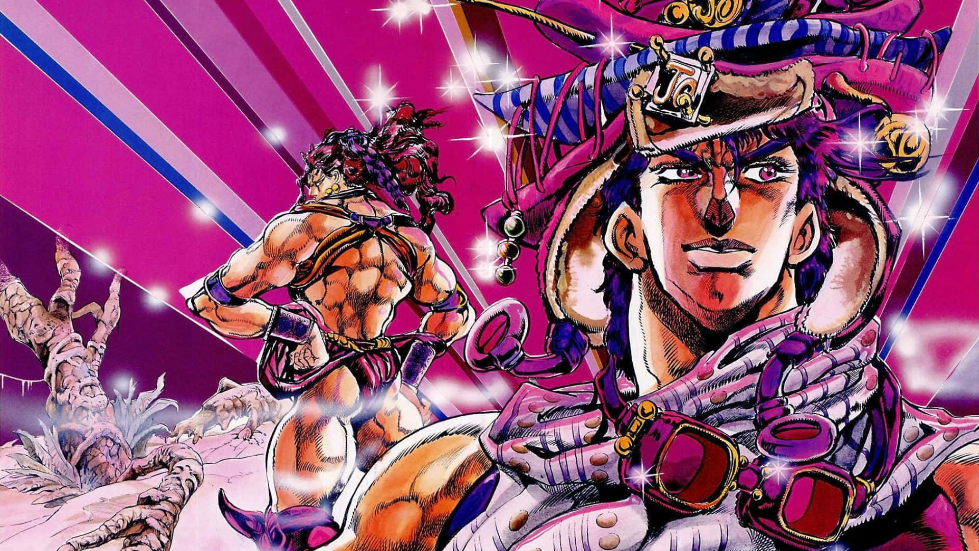 joseph joestar 桌布 壁紙 — 兩個肌肉發達的動漫角色穿著鮮豔的紫色和粉紅色裝備，站在一個有發光燈光和動態線條的沙漠中。