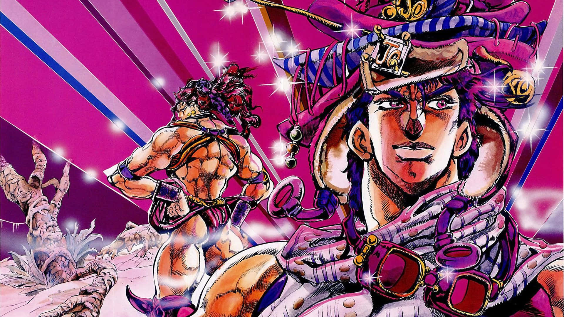 Jojo Stands 桌布 壁紙 — 兩個肌肉發達的動漫角色穿著鮮豔的紫色和粉紅色服裝，動態地站在帶有閃爍光線的放射狀條紋背景前。