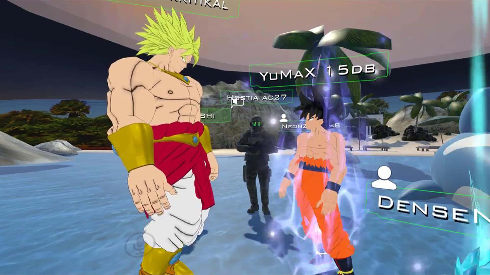 Dbz Video Games 桌布 壁紙 — 兩個肌肉發達的動漫角色站在熱帶海灘上，散發著發光的能量，並帶有遊戲UI覆蓋層。