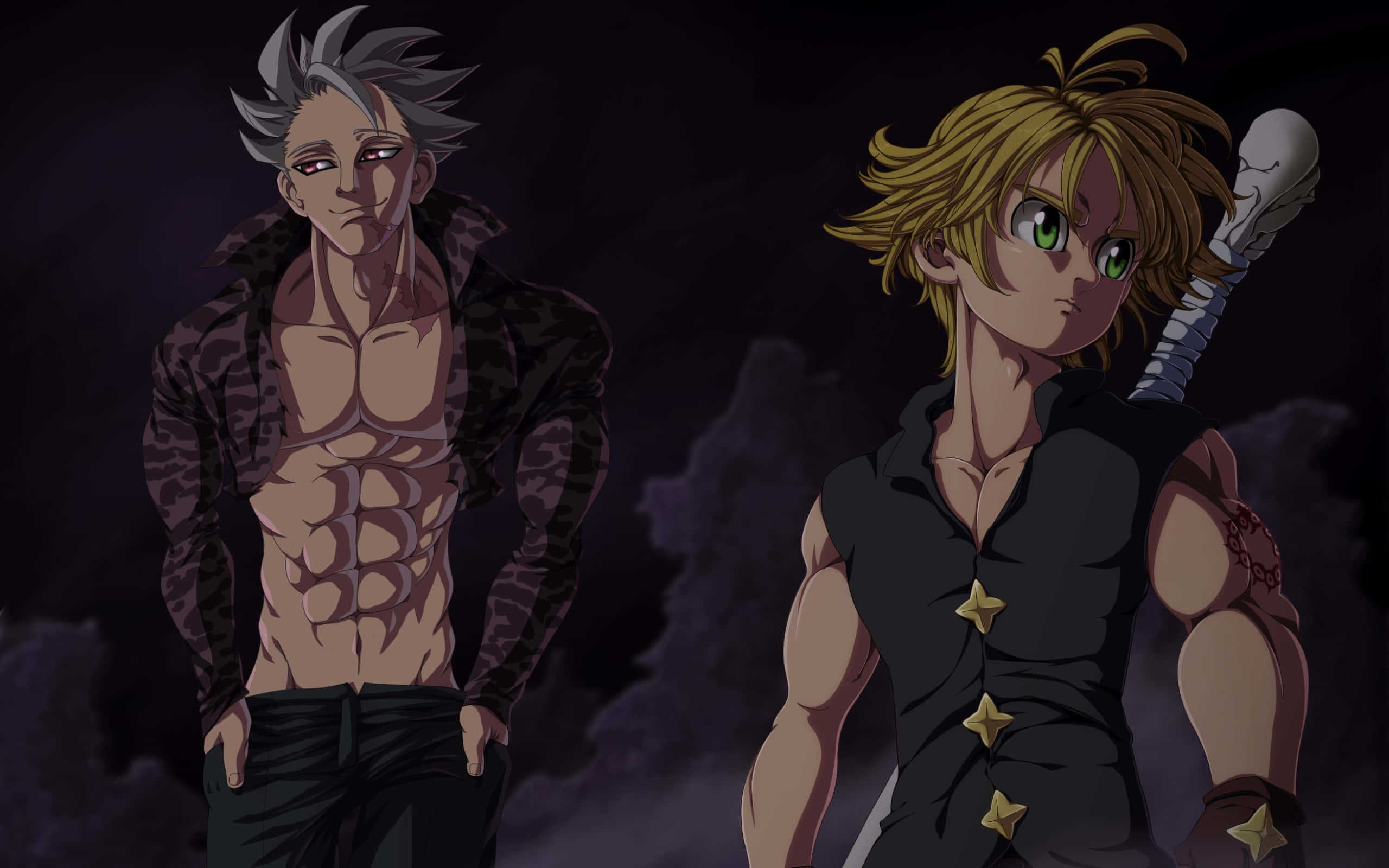 Seven Deadly Sins Ban 桌布 壁紙 — 兩個肌肉發達的動漫角色自信地站在黑暗暴風雨的天空下，一個銀髮敞開外套，另一個金髮穿著星星裝飾的襯衫。