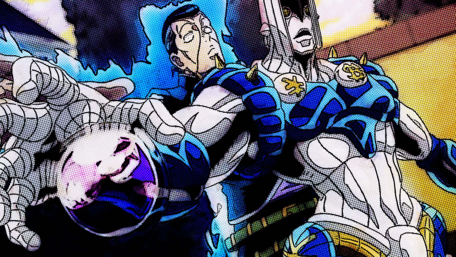 Okuyasu Nijimura 桌布 壁紙 — 兩個肌肉發達的動漫角色身穿藍白盔甲，以大膽的漫畫藝術風格動態碰撞。