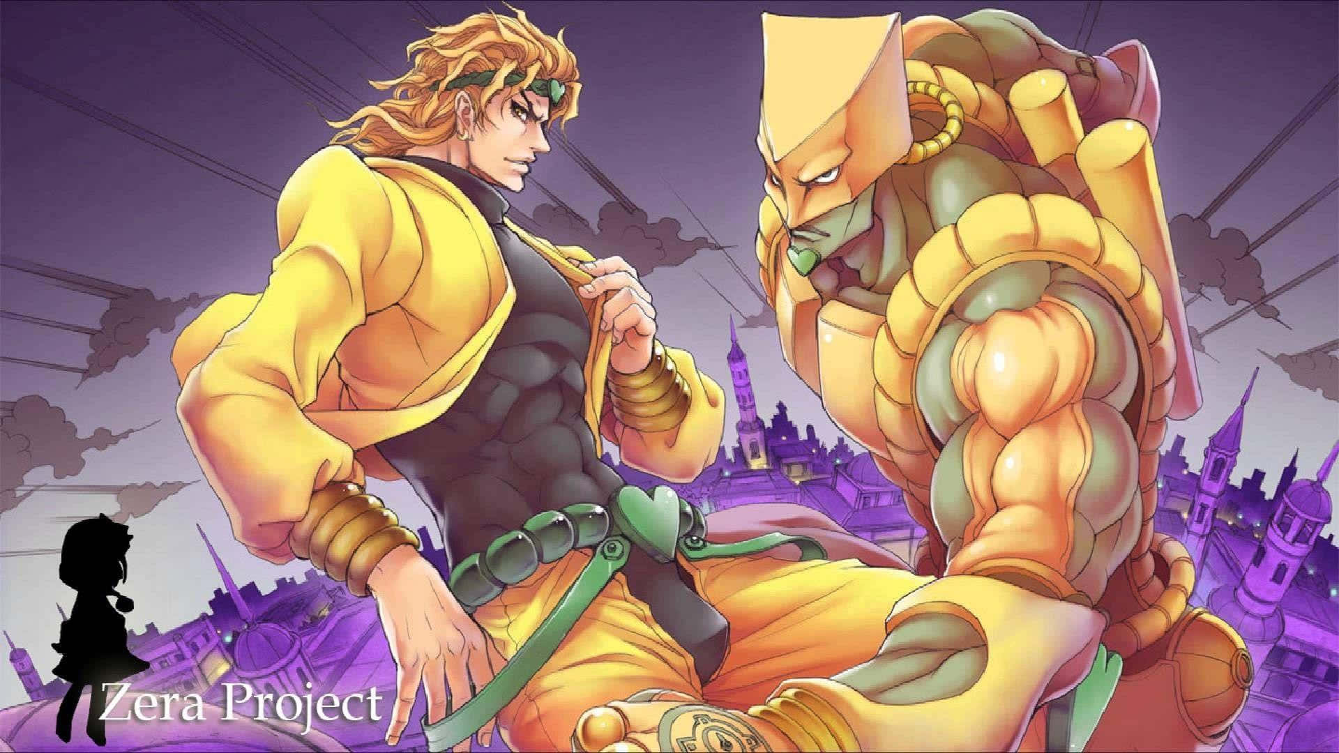 Diego Brando 桌布 壁紙 — 兩個肌肉發達的動漫角色身穿金色盔甲，在紫色城市天際線背景下戲劇性地碰撞。