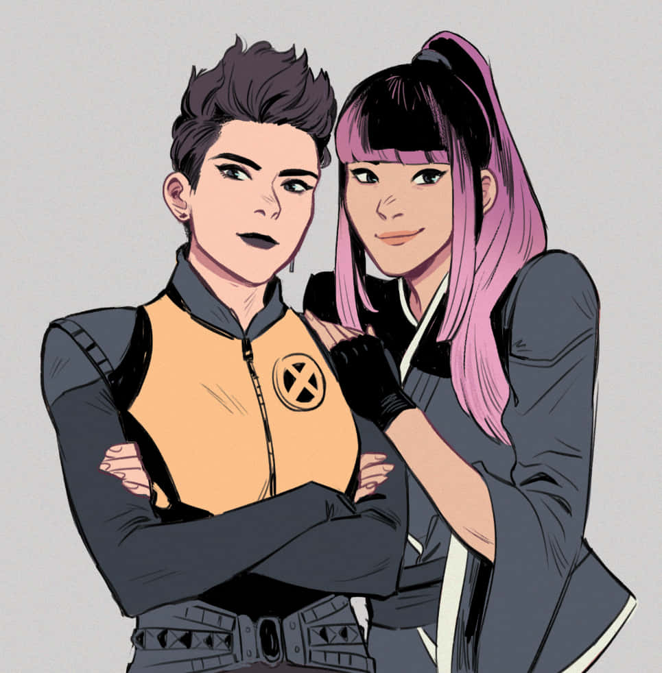 Negasonic Teenage Warhead 桌布 壁紙 — 兩個自信滿滿的動漫風格變種人身穿X-Men制服，在純色背景前緊密擺姿勢。