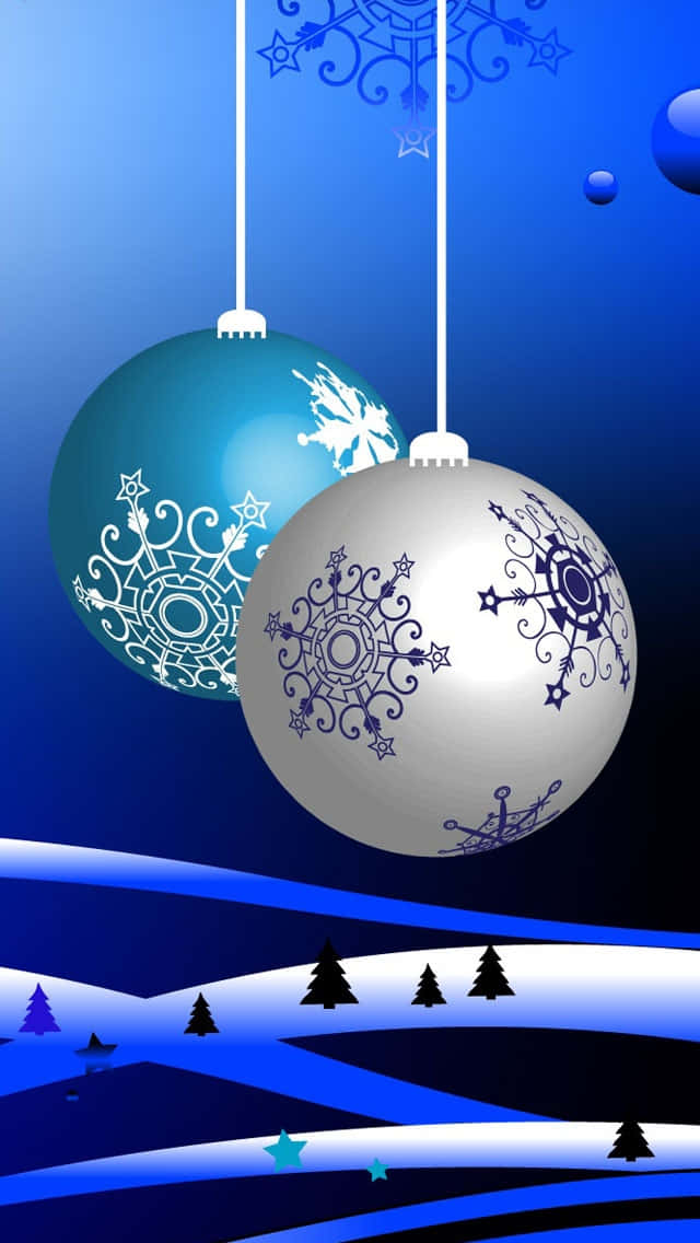3d Christmas 桌布 壁紙 — 兩個華麗的懸掛聖誕裝飾品，帶有雪花圖案，漂浮在深藍色天空下的風格化雪景之上。