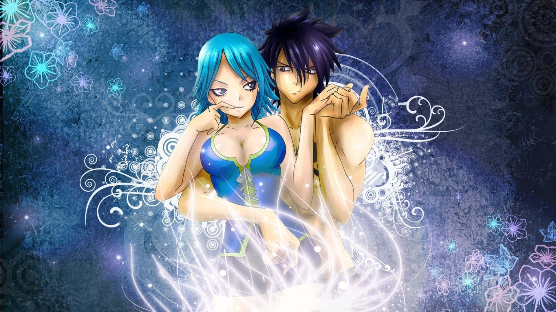 Gray Fullbuster 桌布 壁紙 — 兩個藍色和深色頭髮的動漫角色站在深藍色紋理背景前，背景有發光的花卉漩渦和閃光。