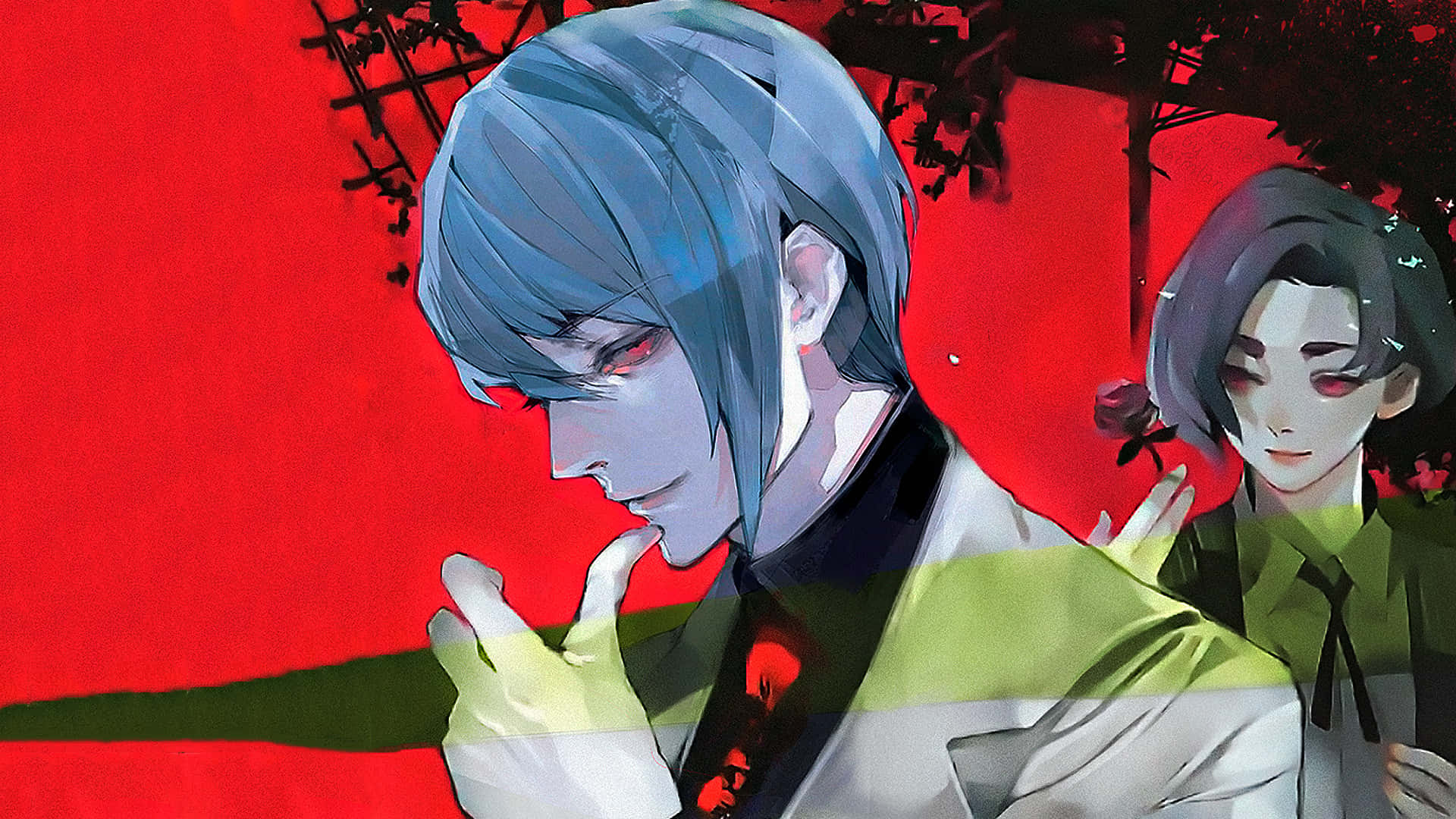 Sui Ishida 桌布 壁紙 — 兩個藍色和灰色頭髮的動漫角色站在一個帶有深色樹枝和玫瑰的鮮紅色背景前。