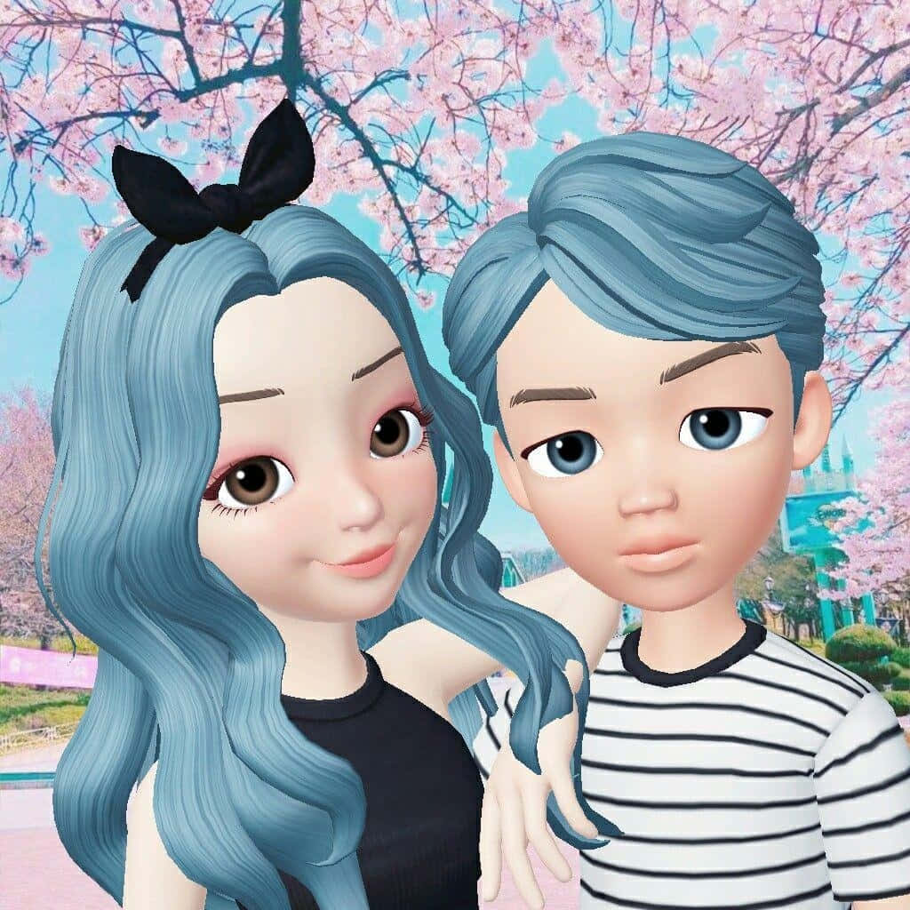 Zepeto 桌布 壁紙 — 兩個藍色頭髮的動漫風格角色，在盛開的粉紅色櫻花下，靠近站立，背景是明亮的藍天。