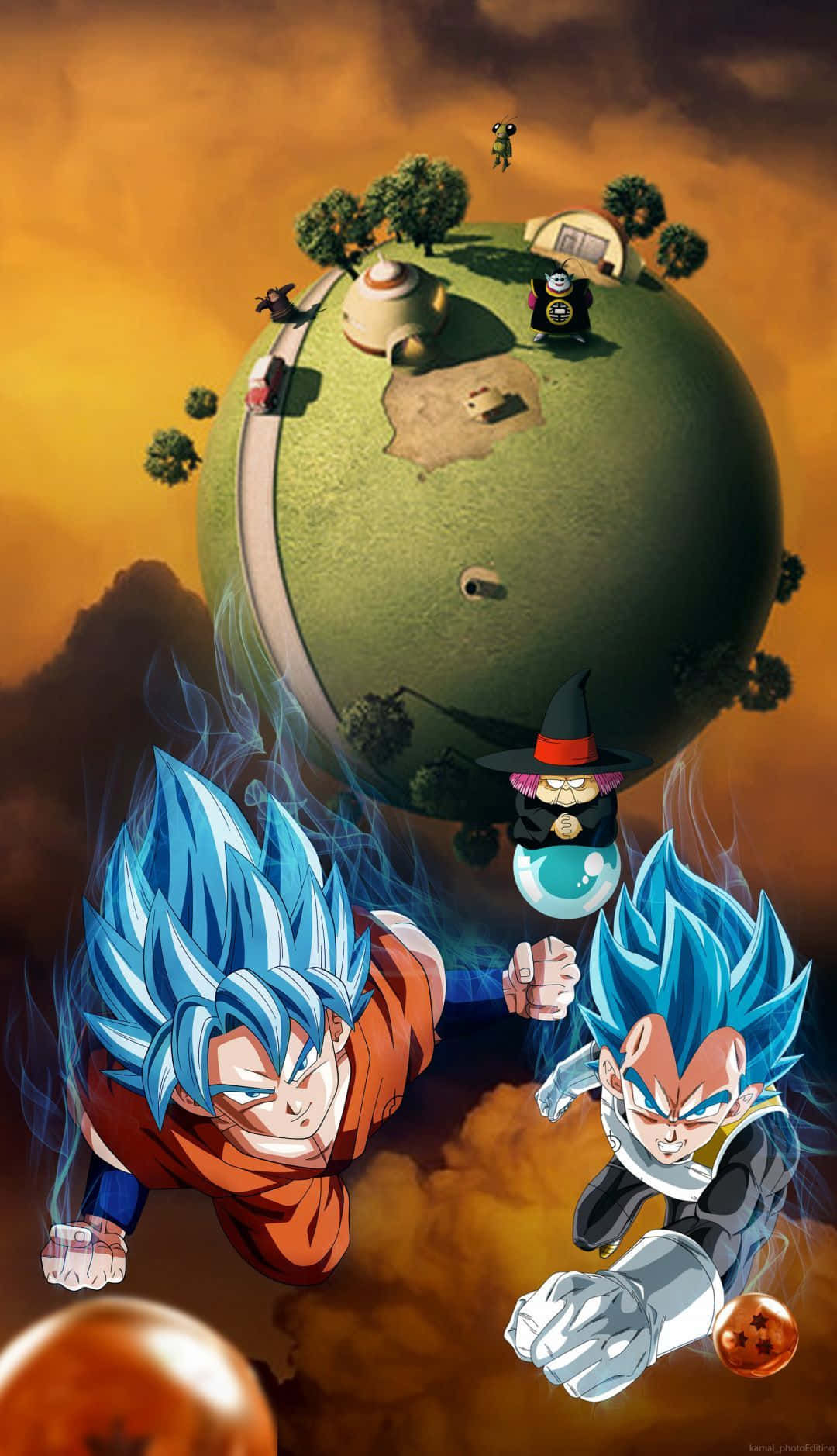 Dragon Ball iPhone 桌布 壁紙 — 兩個藍髮撒亞人戰士在一個有女巫和營地的浮動綠色星球上方的火熱天空中互相飛向對方。