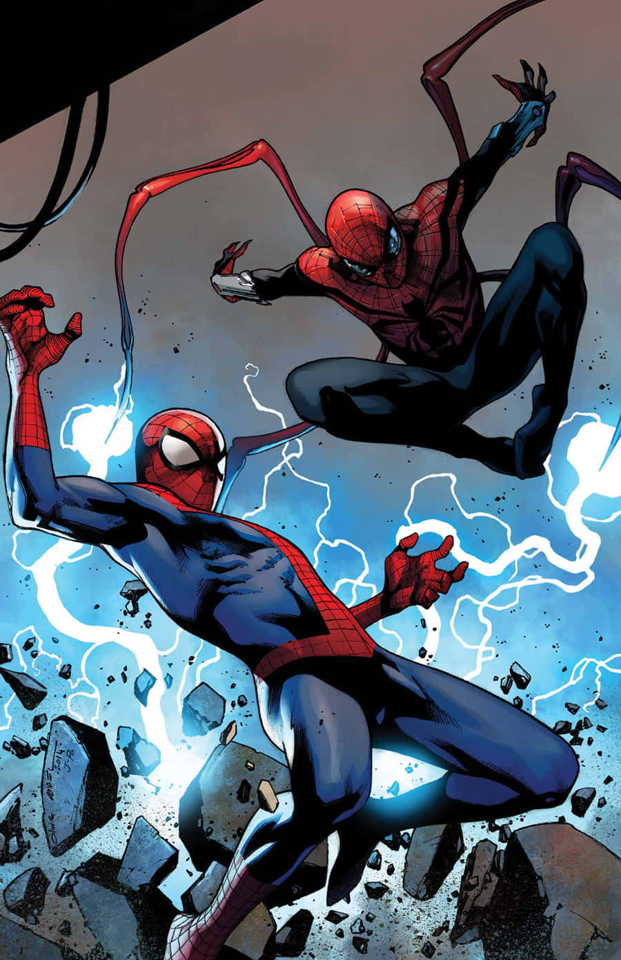 Superior Spider-man 桌布 壁紙 — 兩個蜘蛛俠在半空中碰撞，伴隨著電火花和飛揚的碎片，構成一個動態的漫畫面板。