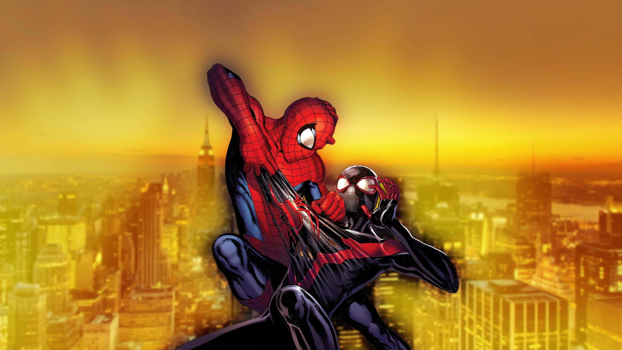 Ultimate Spider-man 桌布 壁紙 — 兩個蜘蛛俠在日落時分，以金色城市天際線為背景，動態地碰撞在一起。