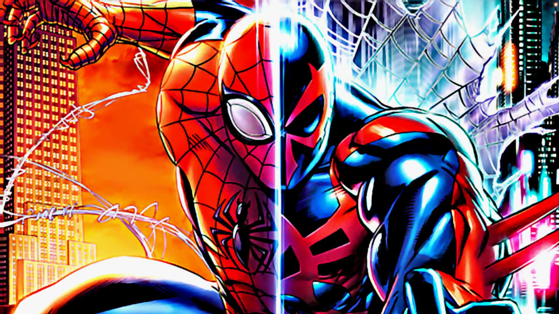 Spider Man 2099 桌布 壁紙 — 兩個蜘蛛俠英雄垂直分割——一個身穿經典紅藍色，另一個身穿深藍和紅色——以充滿活力的城市景觀為背景。