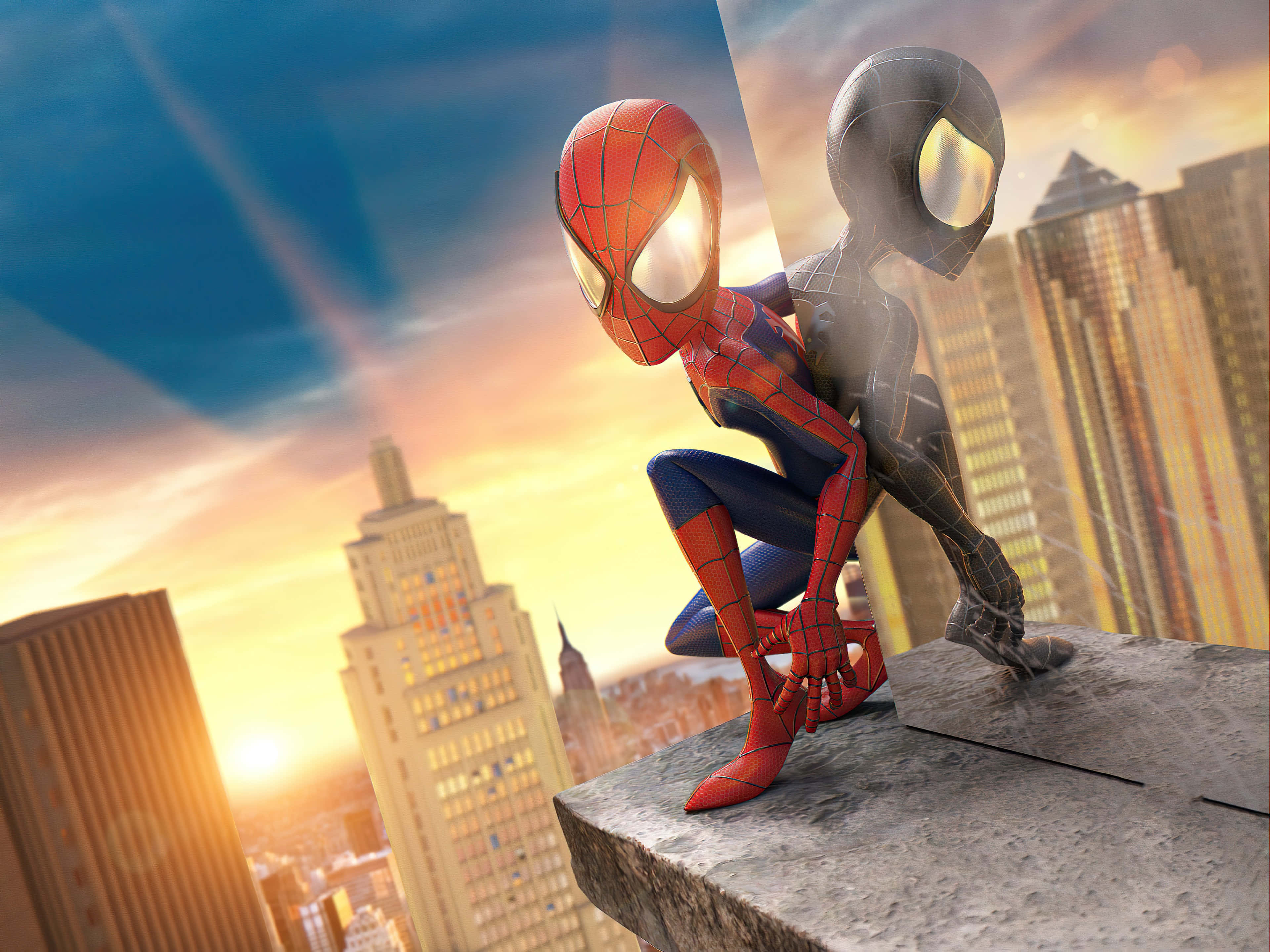 Spider Man 3 桌布 壁紙 — 兩個蜘蛛俠角色蹲在屋頂上，背景是充滿活力的日落城市景觀，摩天大樓閃閃發光。
