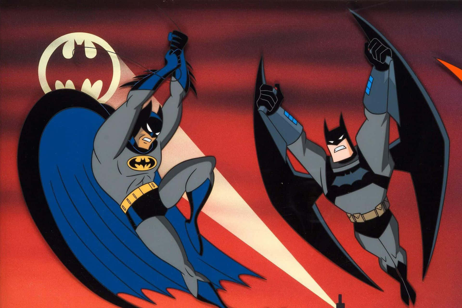 Bat Signal 桌布 壁紙 — 兩個蝙蝠俠角色在熾熱的紅色天空下動態飛翔，身後有發光的蝙蝠標誌。