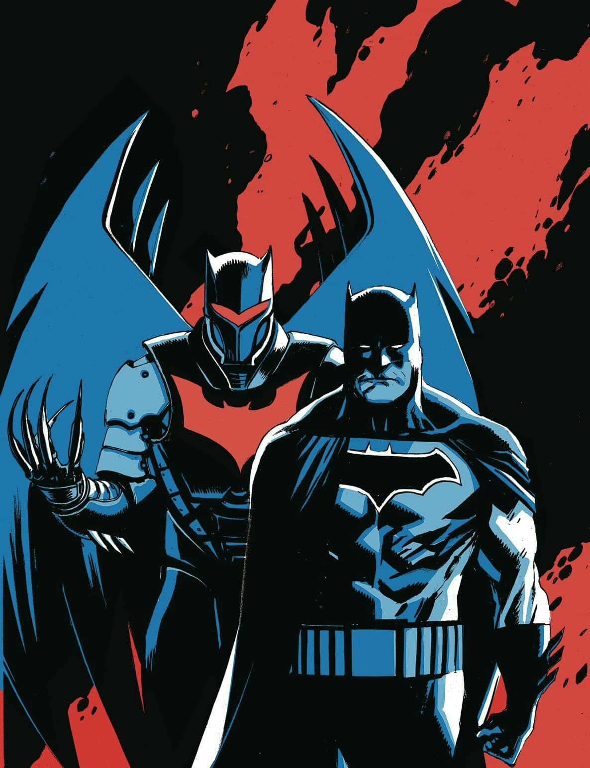 Batman Knightfall 桌布 壁紙 — 兩個蝙蝠俠變體以鮮明的藍色和紅色站在深色背景前，帶有戲劇性的潑濺效果。