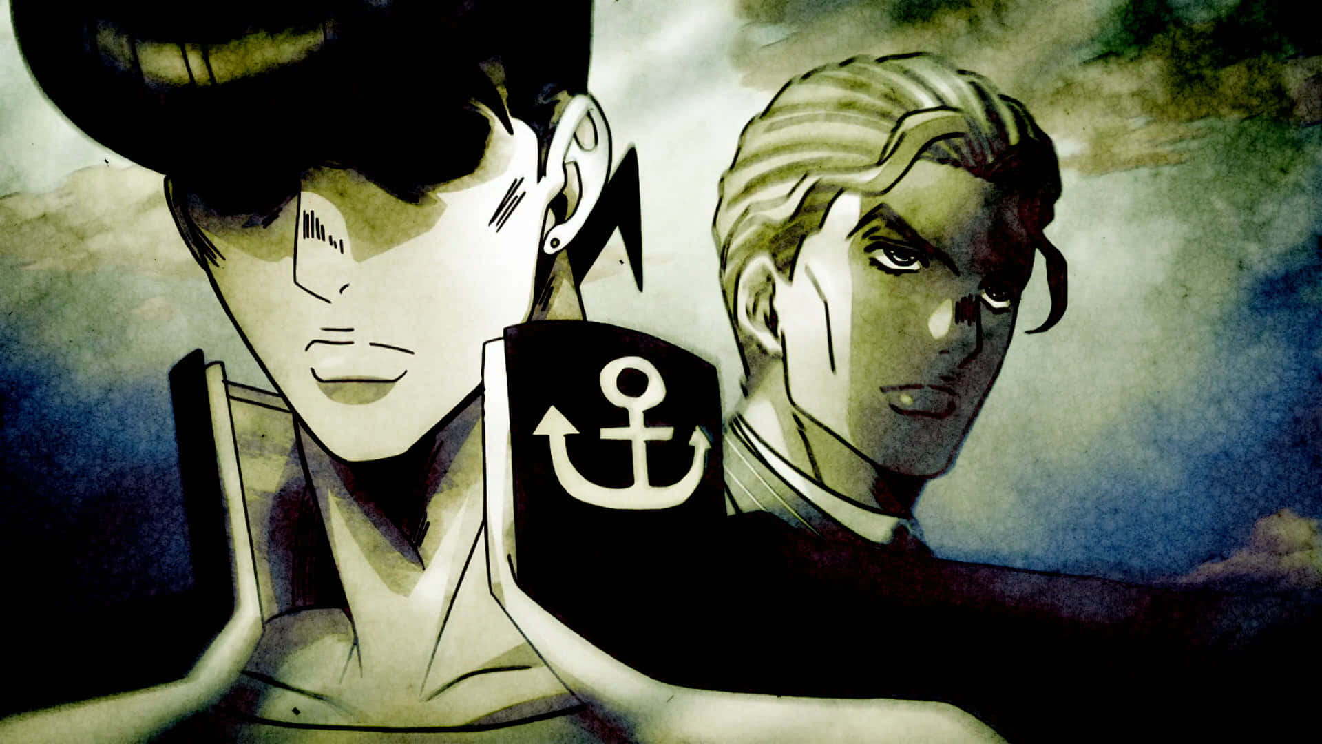 Josuke Higashikata 桌布 壁紙 — 兩個表情嚴肅的動漫角色站在陰沉多雲的天空下，其中一個手持船錨徽章。