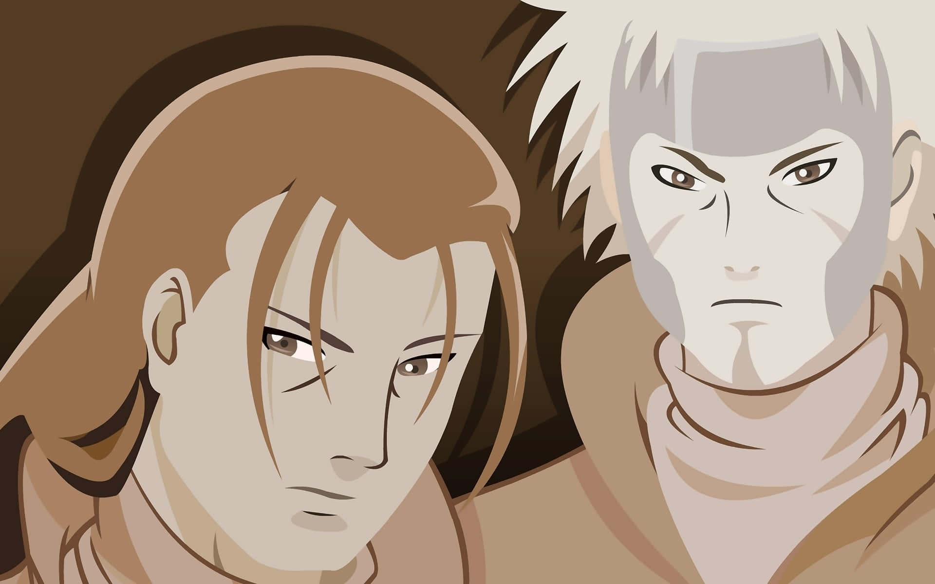 tobirama senju 桌布 壁紙 — 兩個表情嚴肅的動漫角色面向深棕色背景前方。
