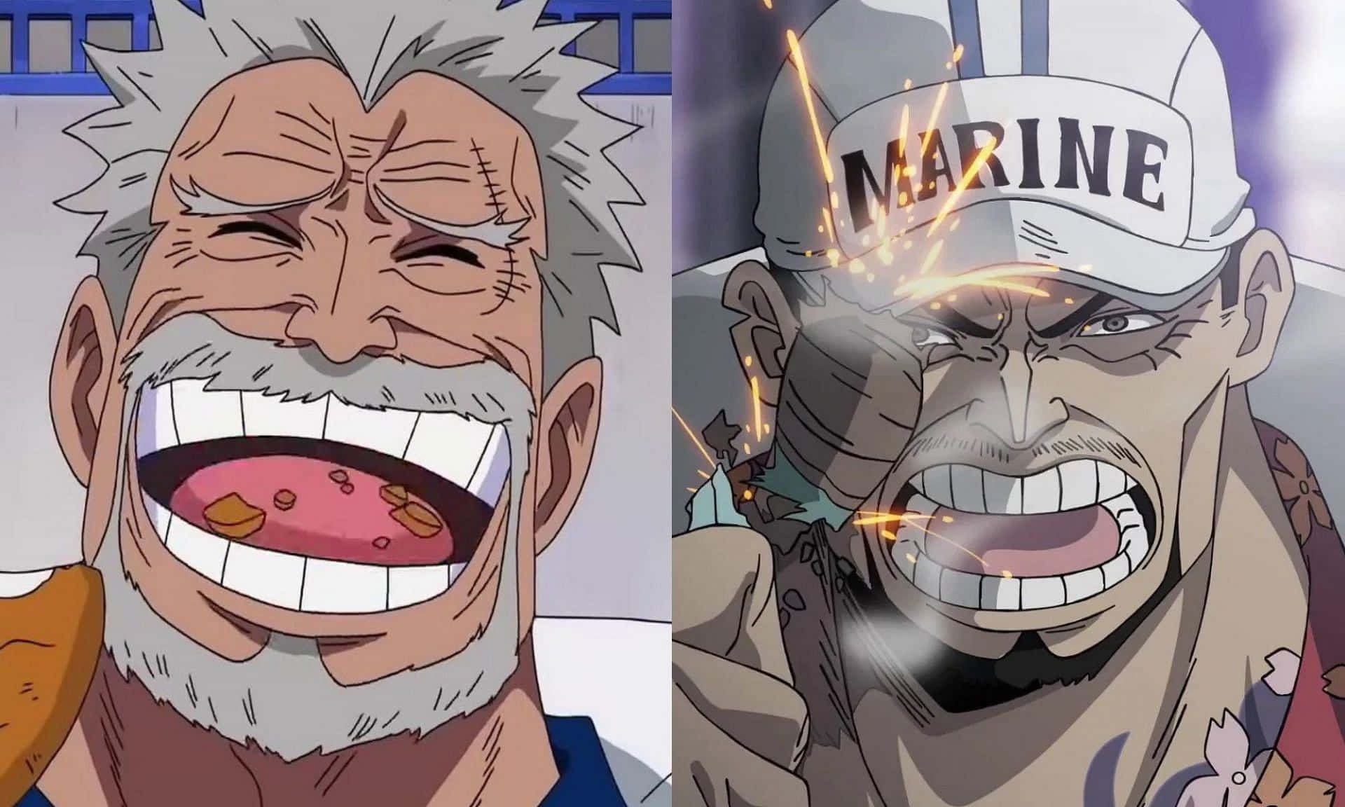 Marine Admiral 桌布 壁紙 — 兩個表情激烈的動漫角色，一個狂笑，另一個齜牙咧嘴，帽子火花四濺。