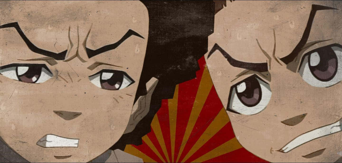 鄉下地方 桌布 壁紙 — 兩個表情激烈的動漫角色在紅黃色太陽爆發背景下互相怒視。