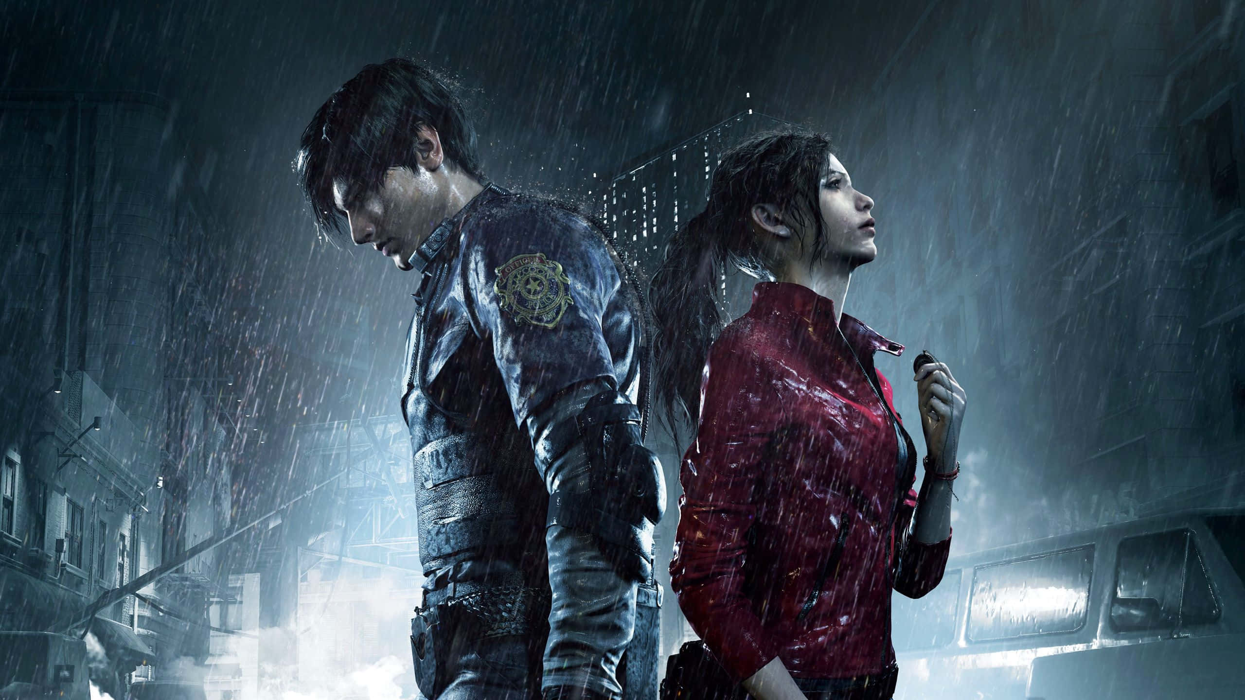 Horror Games 桌布 壁紙 — 兩個被雨淋濕的角色站在黑暗的城市小巷中，大雨傾盆，霓虹燈光在潮濕的表面上反射。