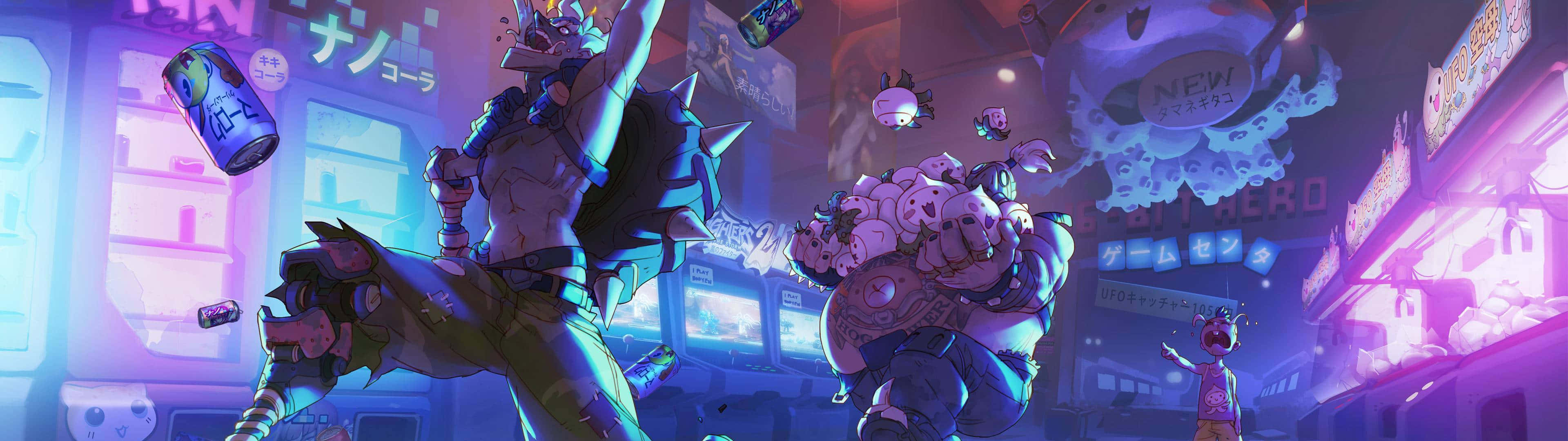 Aesthetic Overwatch 桌布 壁紙 — 兩個裝甲動漫角色在霓虹燈照亮的賽博朋克街機遊戲廳中戰鬥，周圍有漂浮的罐子和發光的標誌。