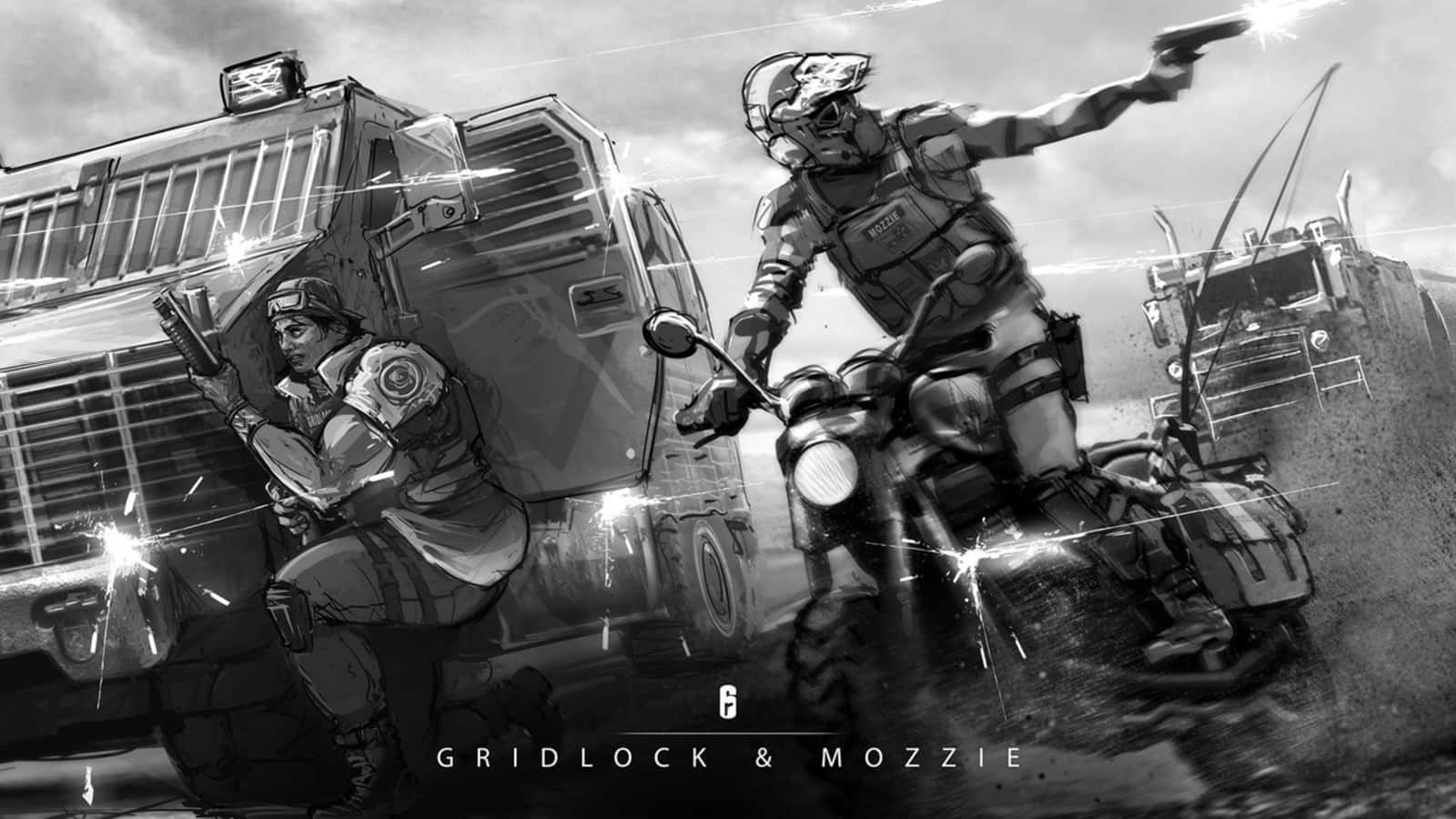 Rainbow Six Siege Mozzie 桌布 壁紙 — 兩個裝甲士兵在 gritty 黑白場景中，一個在電單車上開槍，另一個蹲在一輛大貨車旁邊，火花四濺。