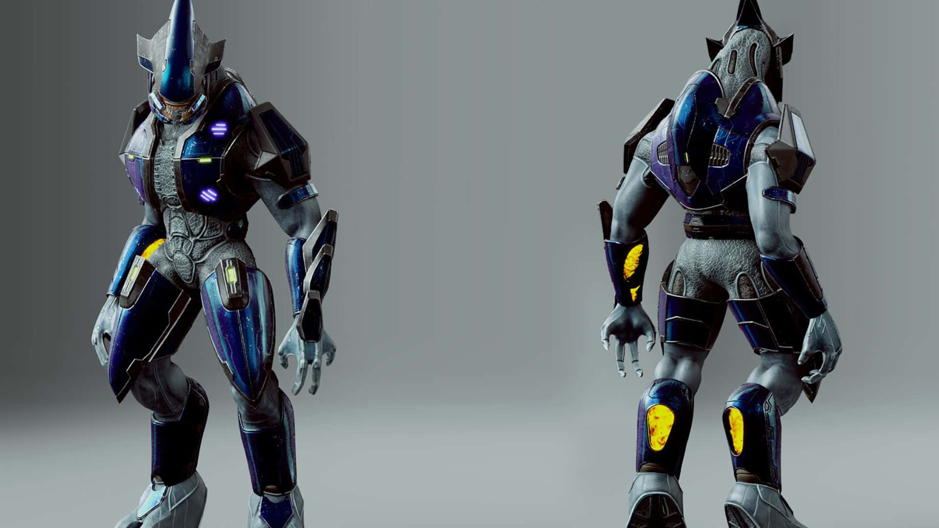Sangheili 桌布 壁紙 — 兩個裝甲機械人形象，帶有發光的藍色和黃色點綴，面向相反方向，背景為純灰色。