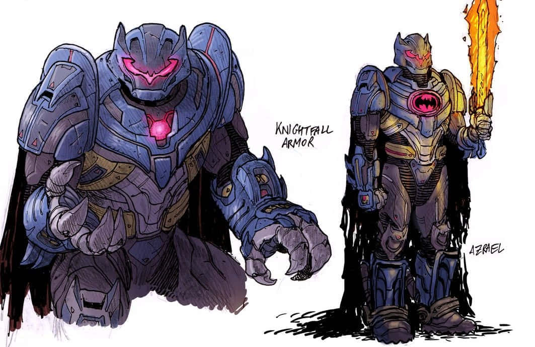 Batman Knightfall 桌布 壁紙 — 兩個裝甲蝙蝠俠概念，帶有發光的紅眼睛和蝙蝠符號，一個蹲著，一個站著手持火焰劍。
