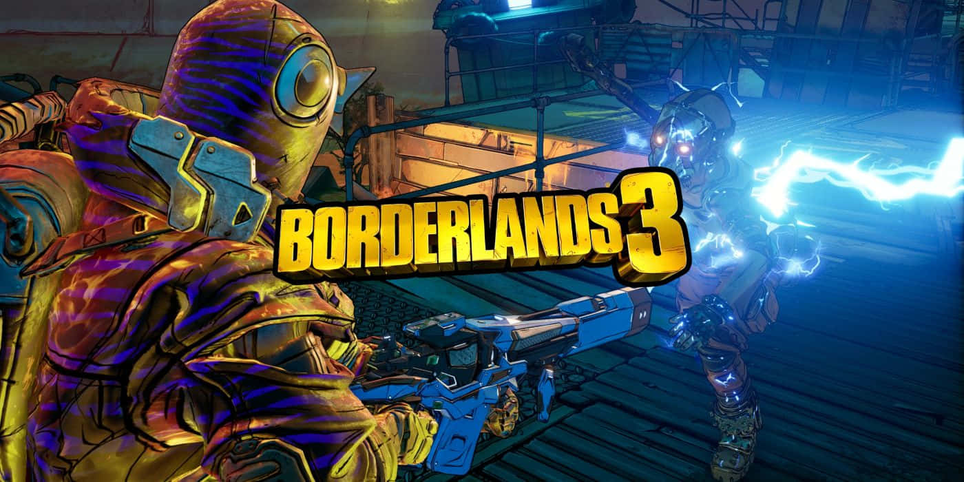 Borderlands Characters 桌布 壁紙 — 兩個裝甲角色在 gritty 科幻場景中碰撞，帶有電光藍色能量和醒目的黃色遊戲標題。
