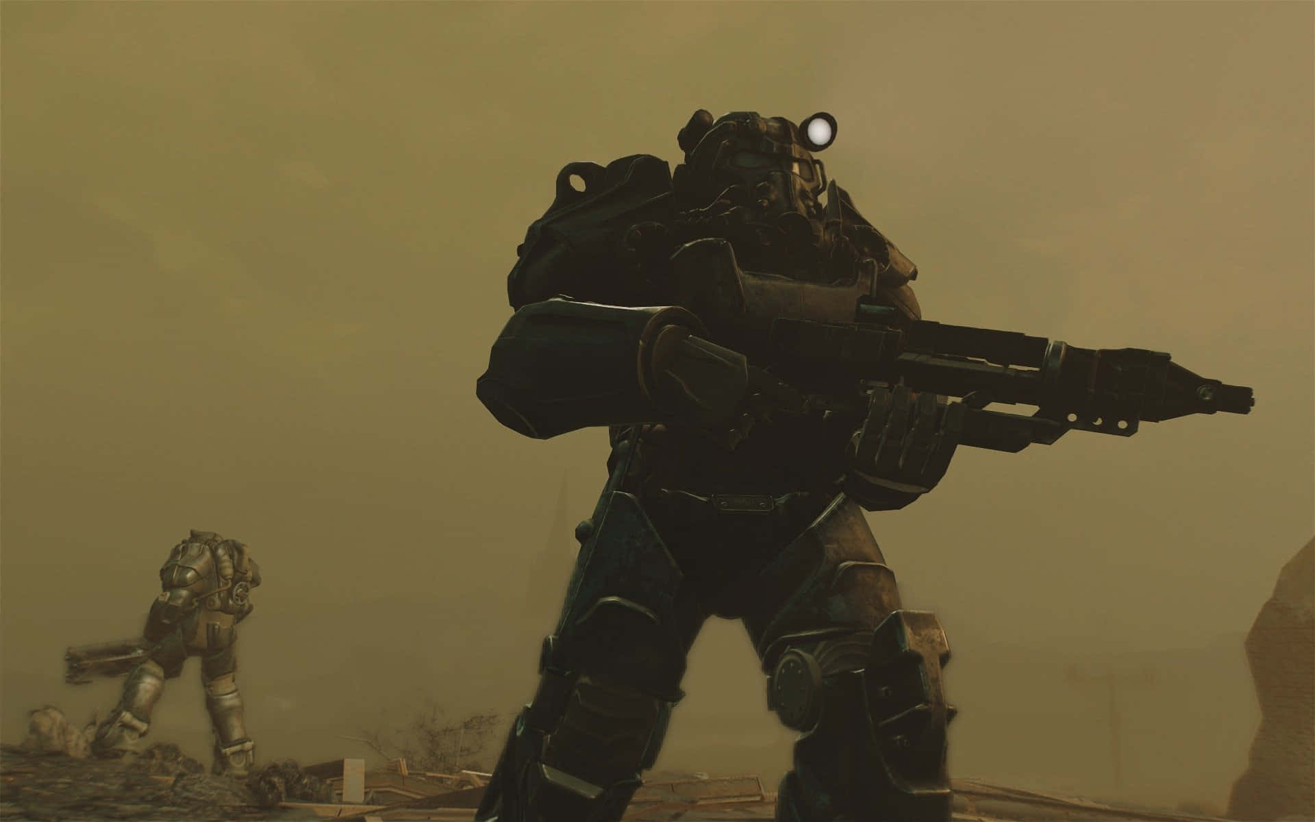 Fallout Brotherhood Of Steel 桌布 壁紙 — 兩個裝甲身影喺塵土飛揚嘅荒地，喺朦朧橙色天空下準備好武器。