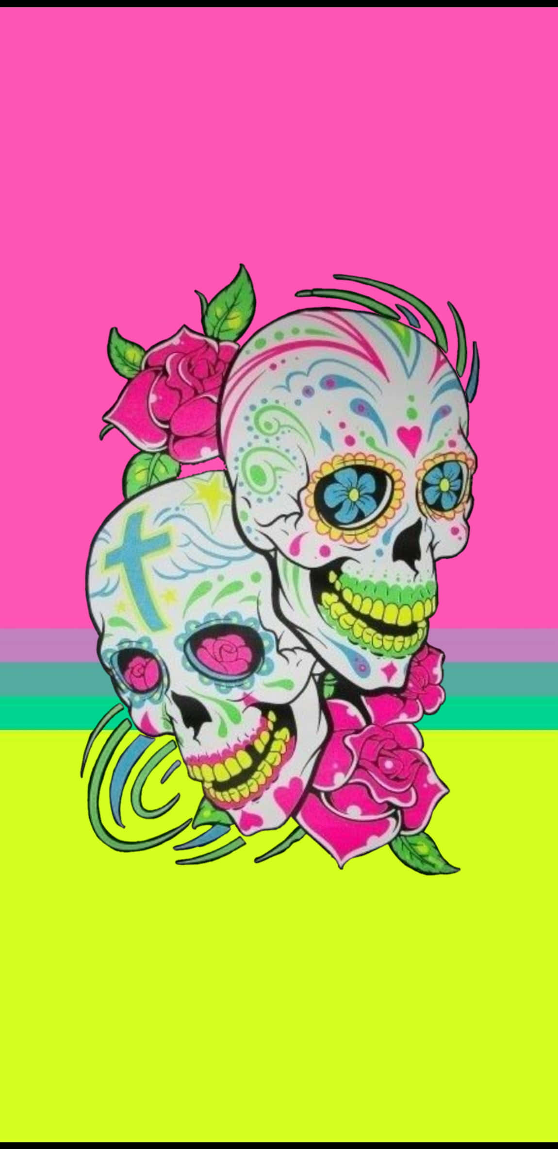 Neon Colors 桌布 壁紙 — 兩個裝飾鮮豔的糖骷髏，帶有玫瑰和漩渦圖案，背景為粉紅色和青檸綠色。