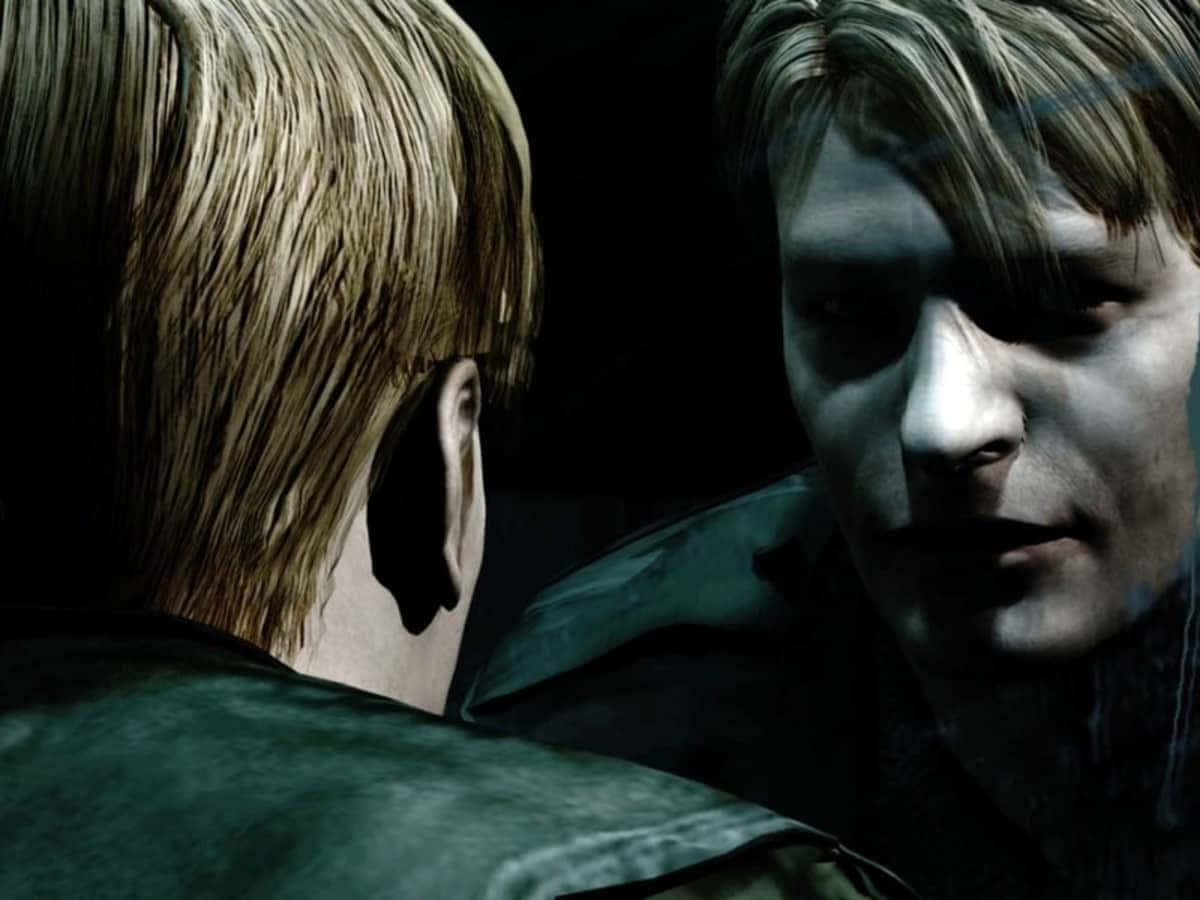 Silent Hill Characters 桌布 壁紙 — 兩個角色在昏暗的場景中面對面，帶有戲劇性的陰影和強烈的表情。