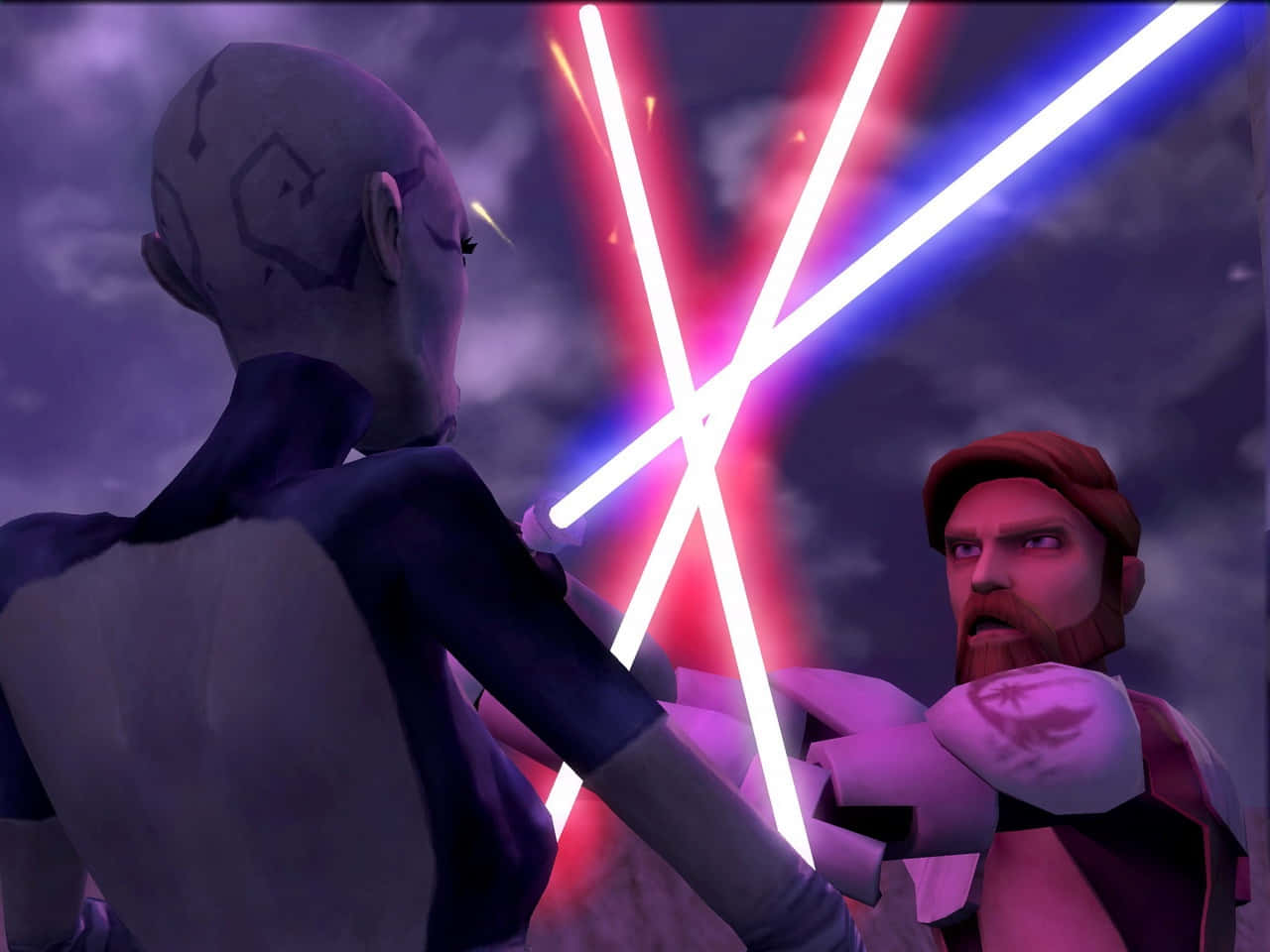 Lightsaber Duels 桌布 壁紙 — 兩個角色在暴風雨般的紫色天空下，用紅色和藍色的光劍進行戲劇性的動畫決鬥。